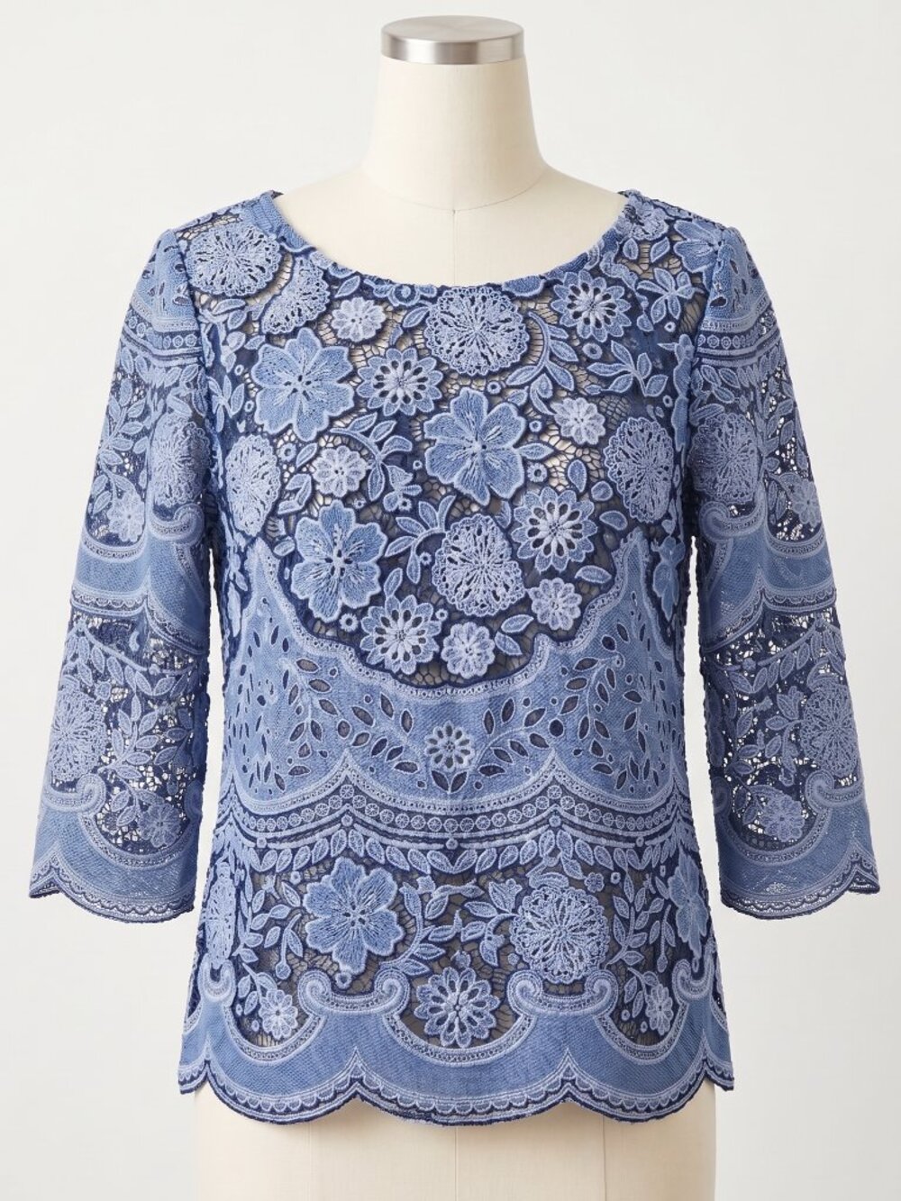Anthropologie HD in Paris Blue Floral Embroidered Lace Scalloped Blouse